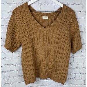 ROOLEE Women’s Size Medium Camel Short Sleeve Cable Knit V-Neck Sweater